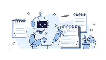 Friendly robot taking notes with pen among spiral notebooks and plant