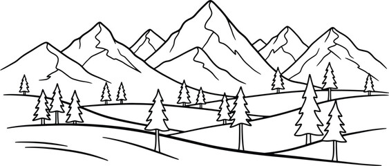 Obraz premium A simple line drawing of majestic mountains and evergreen trees
