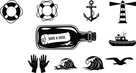 Nautical themed illustrations life preserver anchor bottle wave and other symbols © Jesmin