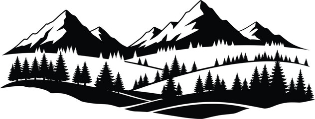 A striking black and white illustration of a mountain range and forest scene © Jesmin