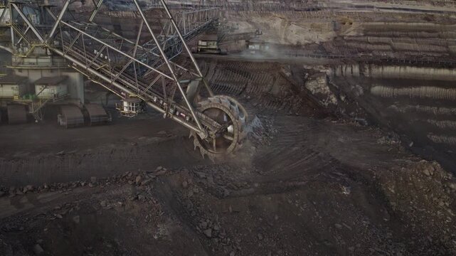 A large bucket wheel excavator in a lignite brown coal mine