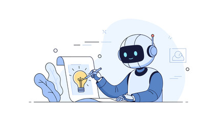Friendly robot illustrates bright idea on paper