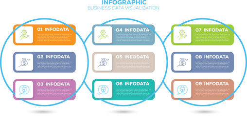 Business process infographic template. Thin line circle design with 9 options or steps. brochure, presentation. Infographic design layout Vector illustration graphic design. 