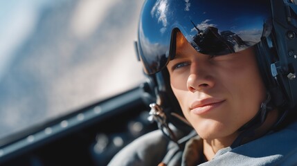 Detail of a pilot’s face inside reflective goggles, sky and canopy mirrored across the lens as the wind rushes past — immersive aerial perspective and emotional flight experience. cinematic color