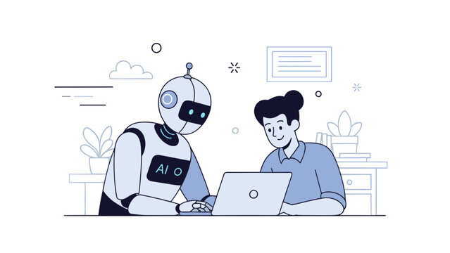 Friendly robot and asian young adult female collaborating on laptop in modern workspace