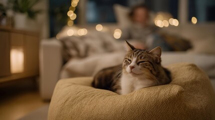 Fototapeta na wymiar A domestic evening scene where a pet curls up on a cushioned ottoman while the family watches a movie, ambient string lights casting a warm glow — togetherness, comfort, and home relaxation.