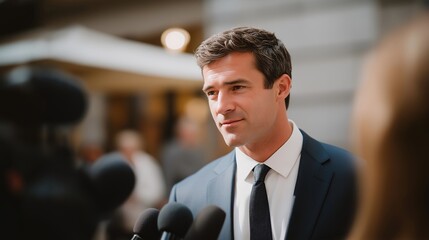 A mayor standing before reporters during a local crisis, carefully delivering verified information as microphones crowd the frame — transparency, accountability, and public trust. cinematic color