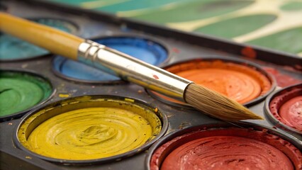 Obraz premium artist s palette with vibrant colors and paintbrush resting