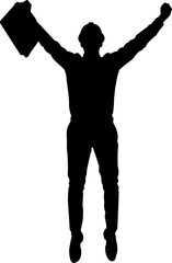 Inspiring black silhouette of a professional jumping or cheering with a briefcase. Represents business achievement, project completion, engineering success, and reaching career milestones.