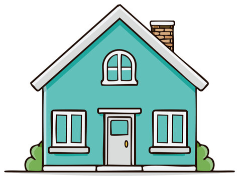 Charming turquoise cartoon house with arched window and brick chimney