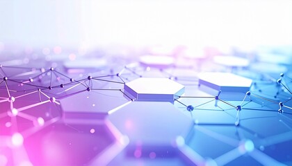 Abstract network of connected hexagons glows with pink and blue light