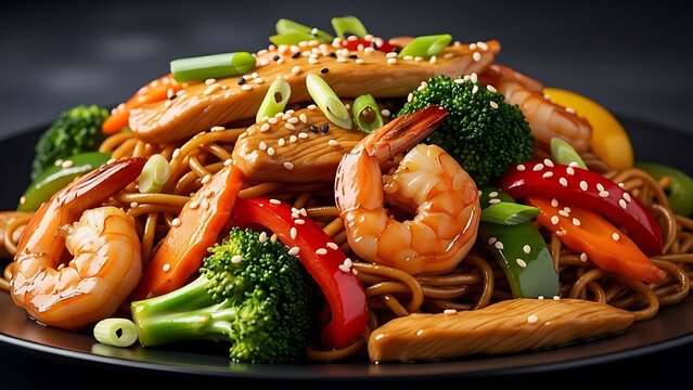 Sizzling stir-fried noodles with succulent shrimp, chicken, and fresh vegetables. Chifa food for recipe, food blogs, restaurant marketing and culinary travel content