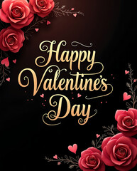 Red roses border with golden valentine day lettering on black background for romantic holiday invitation
