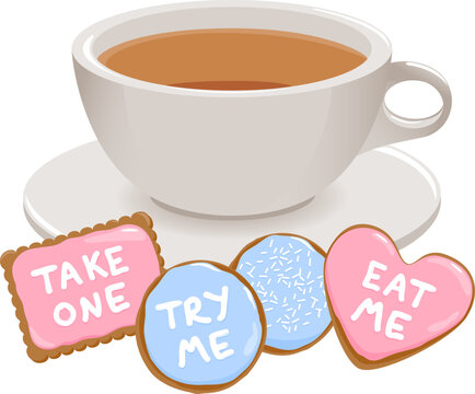 Hot cup of tea and cookies with eat me, try me and take one messages. Tea time beverage and sweet glazed biscuits with pink and blue sugar frosting. Vector illustration