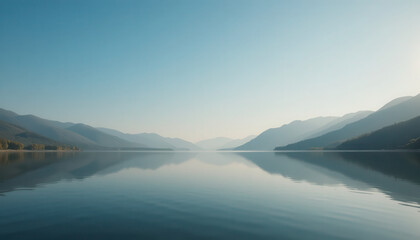 A serene lake surrounded by mountains under a clear blue sky
