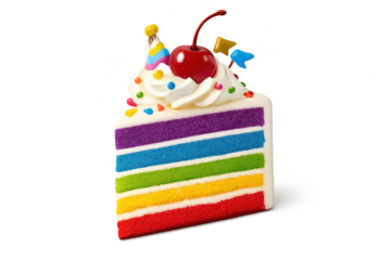 Rainbow Layer Cake Slice with transparent background and Cherry Topping