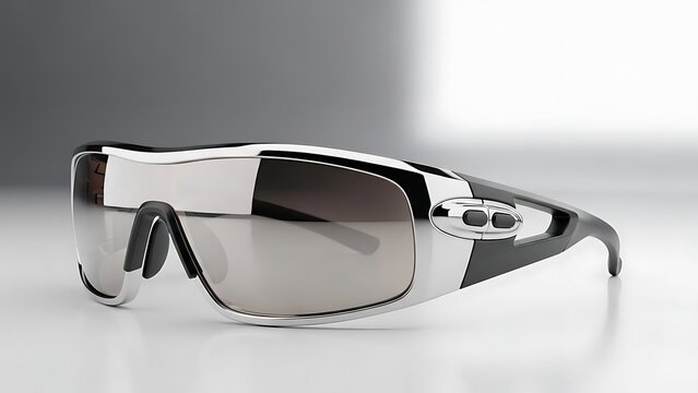 Modern silver sports sunglasses resting on white gradient background