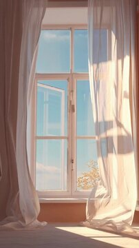 Offenes Fenster mit wehenden Vorh&auml;ngen