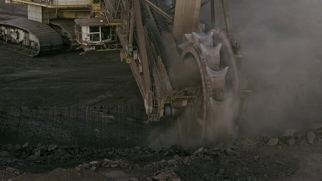 A large bucket wheel excavator in a lignite brown coal mine