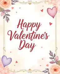 Happy valentine&rsquo;s day card with floral border design and floating hearts elements