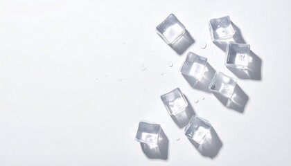 Overhead shot of clear ice cubes scattered with water droplets on a white surface