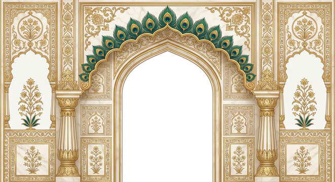 Title: Ornate archway with intricate peacock feather patterns and detailed decorative in gold and isolated on a transparent background