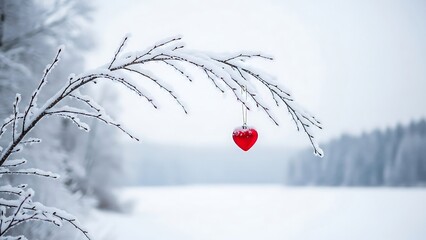 Red Heart Hanging on Snowy Winter Tree Branch