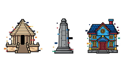 Naklejka premium Pixel art representations of a temple, obelisk, and house with festive lights
