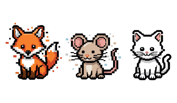 Cute 8-bit style animals: fox, mouse, and cat with white background
