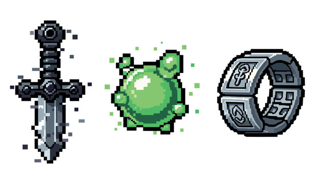 Pixel art medieval sword, enchanted orb, and magical ring icons set