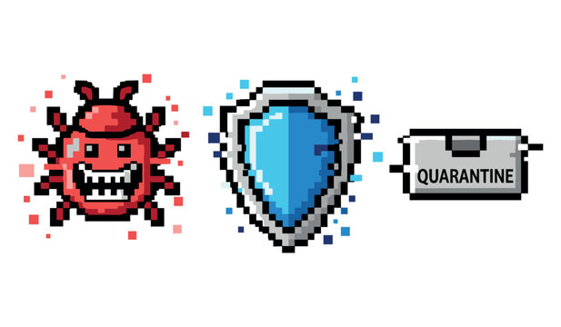 Pixel art representations of virus, protection shield, and quarantine