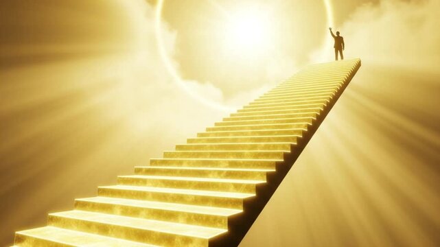 A man standing on golden stairs reaching up to a bright light in the sky with clouds and sunbeams shining through