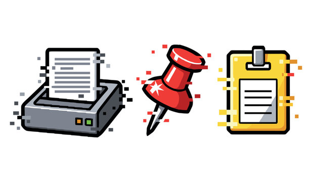 Digital icons: printer, pushpin, clipboard in pixel art style