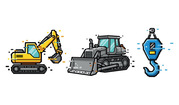 Pixel art construction vehicles with excavator, bulldozer, and crane hook