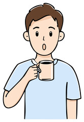Surprised Cartoon Man Holds Mug: Illustration of Coffee, Tea, Beverage