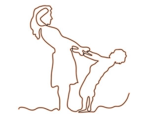 Minimal line art illustration of a mother holding her child&rsquo;s hands, symbolizing love, care, family bond, motherhood, parenting, and childhood. Clean outline style, emotional and modern design.