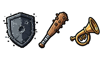 Pixel art: battle gear with shield, club, and brass horn