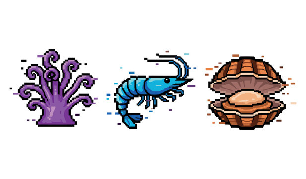 Pixel art sea creatures: purple coral, blue shrimp, and pearl oyster