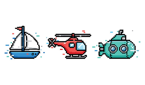 Pixel art vehicles: sailboat, helicopter, submarine in retro 8-bit style
