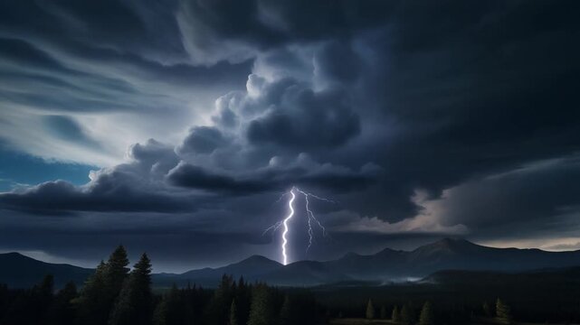 Dramatic lightning strikes over a dark, stormy mountain landscape at dusk