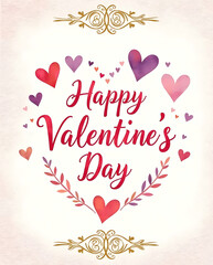 Happy valentine&rsquo;s day greeting card with colorful hearts and decorative frame design