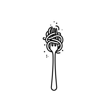 Stylized icon of pasta on a fork, minimalistic design in black and white