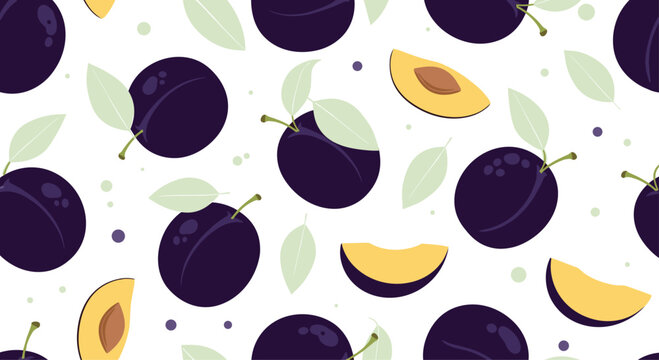 Seamless plum fruit pattern featuring whole dark purple plums and juicy sliced halves with green leaves on a clean white background.