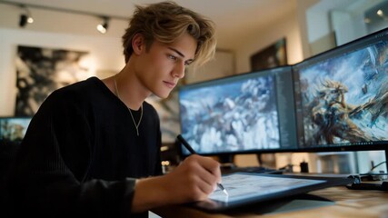 A 3D artist in a gaming studio sculpting a creature model on a digital tablet, multiple monitors showing wireframes, textures, and color layers — high-end game graphics design, character - Powered by Adobe