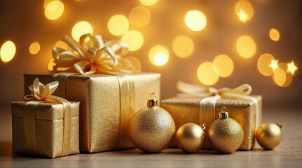 Elegant golden gift boxes and ornaments with soft bokeh lights for festive occasions