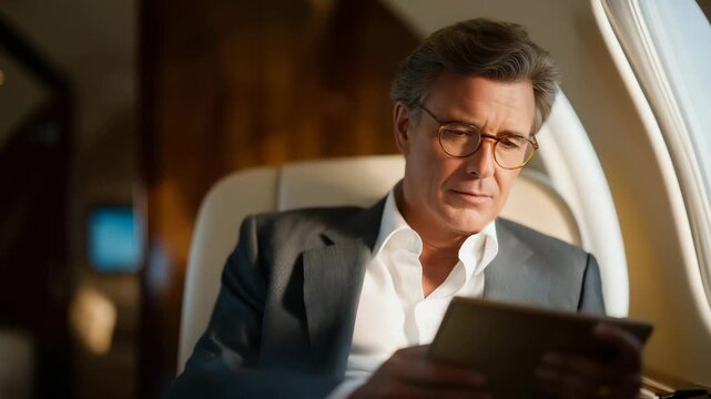 A CEO analyzing real-time market fluctuations on a tablet while flying in a private business jet &mdash; high-level mobility, rapid decision-making, and global executive lifestyle. cinematic color