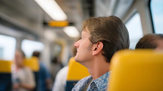 A commuter on a busy train looking shocked as an unexpected announcement interrupts the routine ride, commuters&rsquo; faces reflecting mixed emotions &mdash; urban transit realism, candid reactions, and
