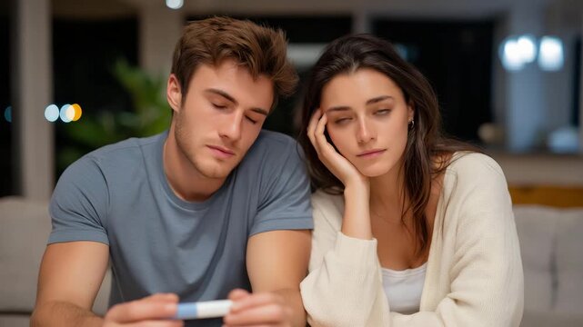 A couple in a minimalist living room reacting emotionally as an unexpected pregnancy test result lies on the table between them &mdash; intimate storytelling, life-changing news, and raw emotional