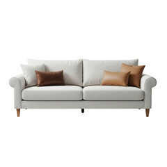 Fototapeta premium Elegant cream colored sofa with decorative pillows isolated on transparent background