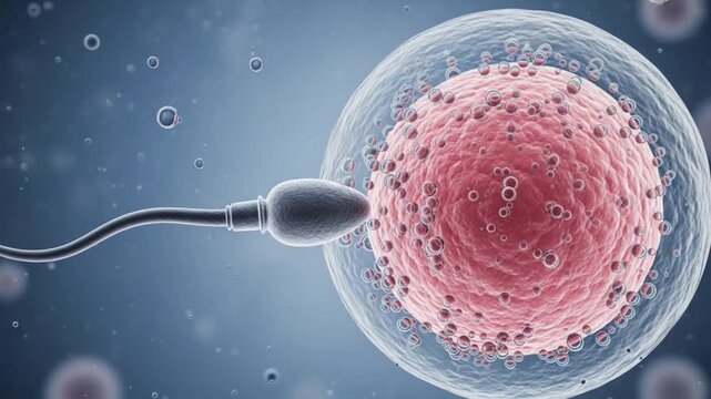Sperm fertilizing an egg cell in a scientific illustration of human reproduction process